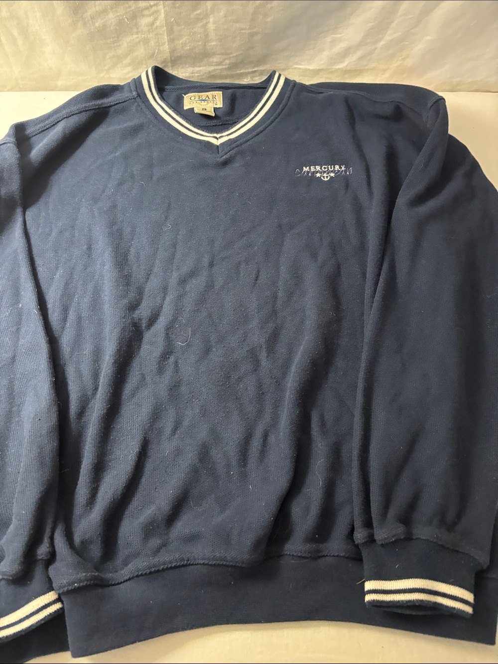 Gear For Sports Navy Crewneck Sweater with White Stripe Trim. Vintage Mid 1990s